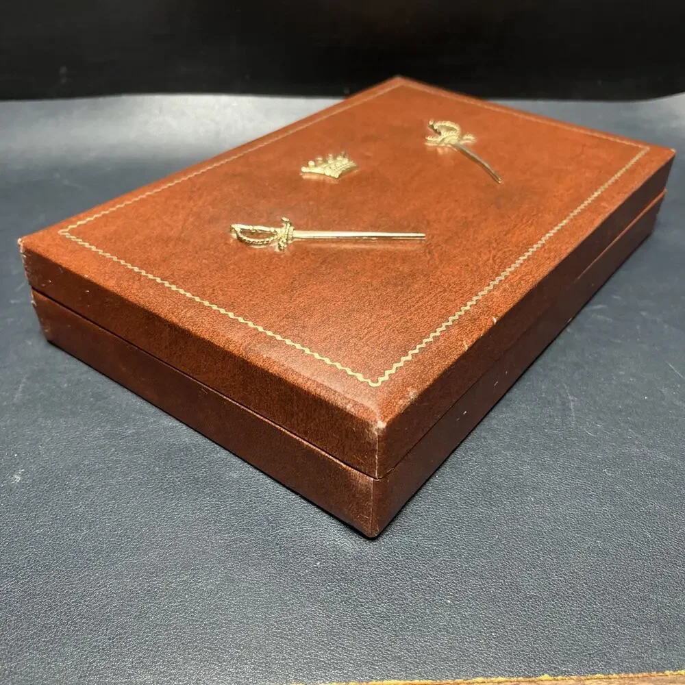 Vintage Dante Mens Jewelry Box Valet Box Faux Brown Leather, Swords & Crown